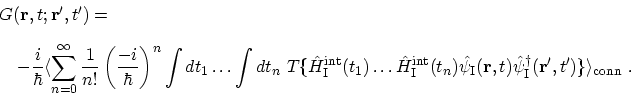 \begin{displaymath}\begin{array}{l}
 G({\bf {r}},t;{\bf {r'}},t') = \\ [10pt]\ \...
...hrm{I}({\bf {r'}},t')\}
 \rangle_\mathrm{conn} \ .
 \end{array}\end{displaymath}