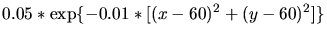 $\displaystyle 0.05*\exp\{-0.01*[(x-60)^2+(y-60)^2]\}$