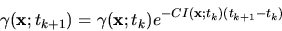 \begin{displaymath}
\gamma(\mathbf{x};t_{k+1}) =
\gamma(\mathbf{x};t_k) e^{-CI(\mathbf{x};t_k)(t_{k+1}-t_k)}
\end{displaymath}