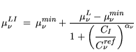 $\displaystyle \mu_\nu^{{LI}} =  \mu_{\nu}^{min} + \frac{\displaystyle \mu^L_\nu...
...^{min}}{1+ \bigg( \displaystyle \frac{C_I}{C_{\nu}^{ref}}\bigg)^{\alpha_{\nu}}}$