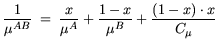 $\displaystyle \frac{1}{\mu^{AB}} = \frac{1-x}{\mu^{A}}+\frac{x}{\mu^{B}}+ \frac{(1-x)\cdot x}{C_{\mu}}$