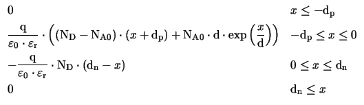 $ \begin{array}{ll}0 & x \leq -\mathrm{d_{p}}\\  [2mm]\displaystyle{\frac{\mathr...
...ght)} &0 \leq x \leq \mathrm{d_{n}}\\  [3mm]0 & \mathrm{d_{n}}\leq x\end{array}$