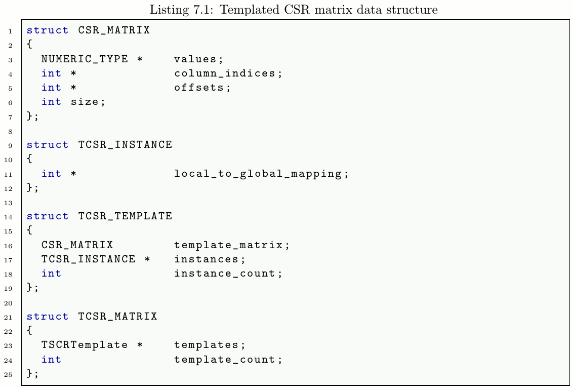 \begin{lstlisting}[caption={Templated CSR matrix data structure},label={src:temp...
...CSR_MATRIX
{
TSCRTemplate * templates;
int template_count;
};
\end{lstlisting}