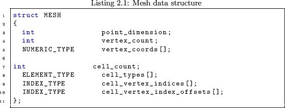 \begin{lstlisting}[caption={Mesh data structure},label={src:mesh_datastructure}]...
...l_vertex_indices[];
INDEX_TYPE cell_vertex_index_offsets[];
};
\end{lstlisting}