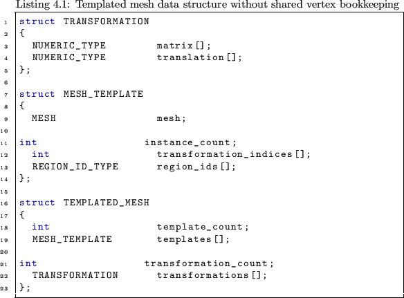 \begin{lstlisting}[caption={Templated mesh data structure without shared vertex ...
...int transformation_count;
TRANSFORMATION transformations[];
};
\end{lstlisting}