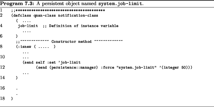 \begin{Program}
% latex2html id marker 7134\footnotesize
\centering
\listingin...
...t}
\caption{
A persistent object named
\texttt{system.job-limit}.}
\end{Program}