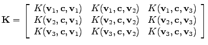 $\displaystyle \mathbf{K} = \left[
\begin{array}{c c c}
K(\mathbf{v}_1, \mathbf{...
... \mathbf{v}_2) & K(\mathbf{v}_3, \mathbf{c}, \mathbf{v}_3)
\end{array}\right]
$